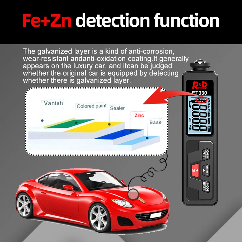 R & D-ET330 + Zn 자동차 페인트 코팅 두께 게이지, 자동차 페인트 전기 도금 금속 아연 코팅 두께 측정기 Fe & NFe & 아연