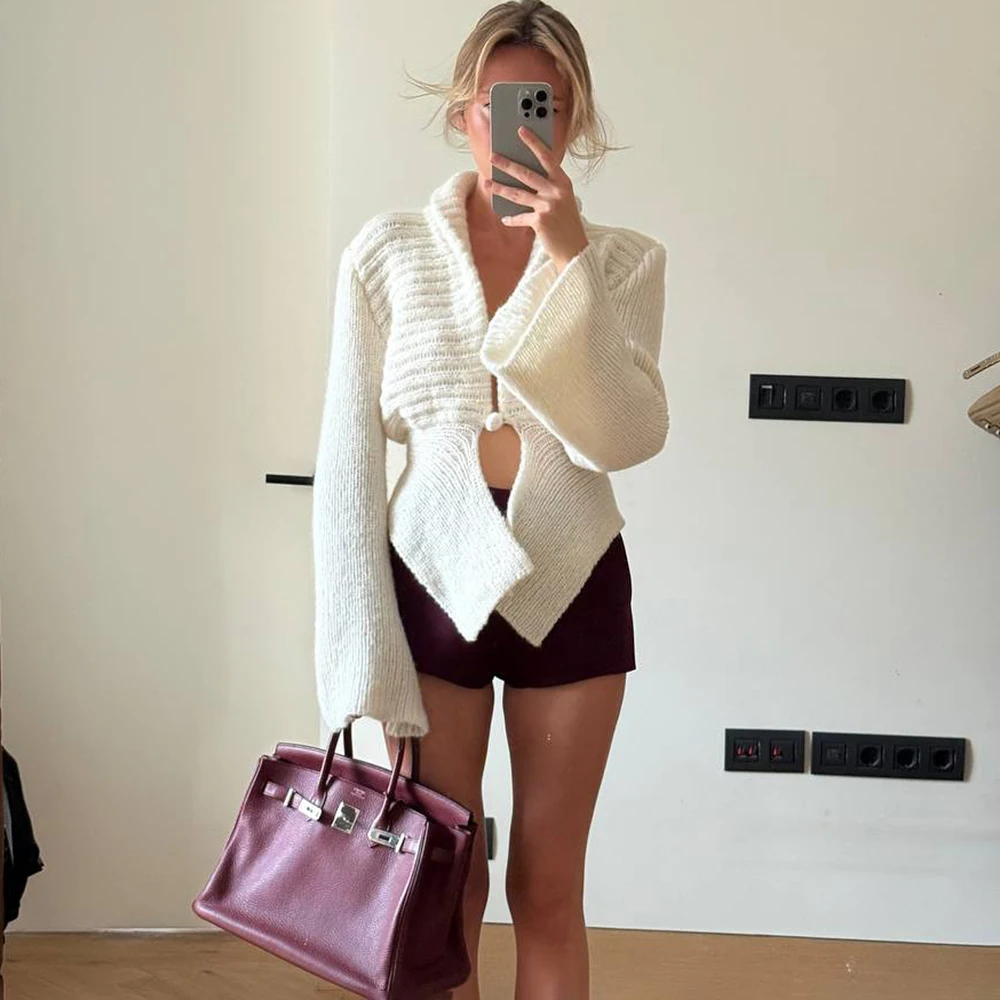 Herbst Strickjacke frauen Neue Vintage Aushöhlen Lange-Ärmeln Pullover 2025, Casual Streetwear Weiß Stricken Top Weibliche