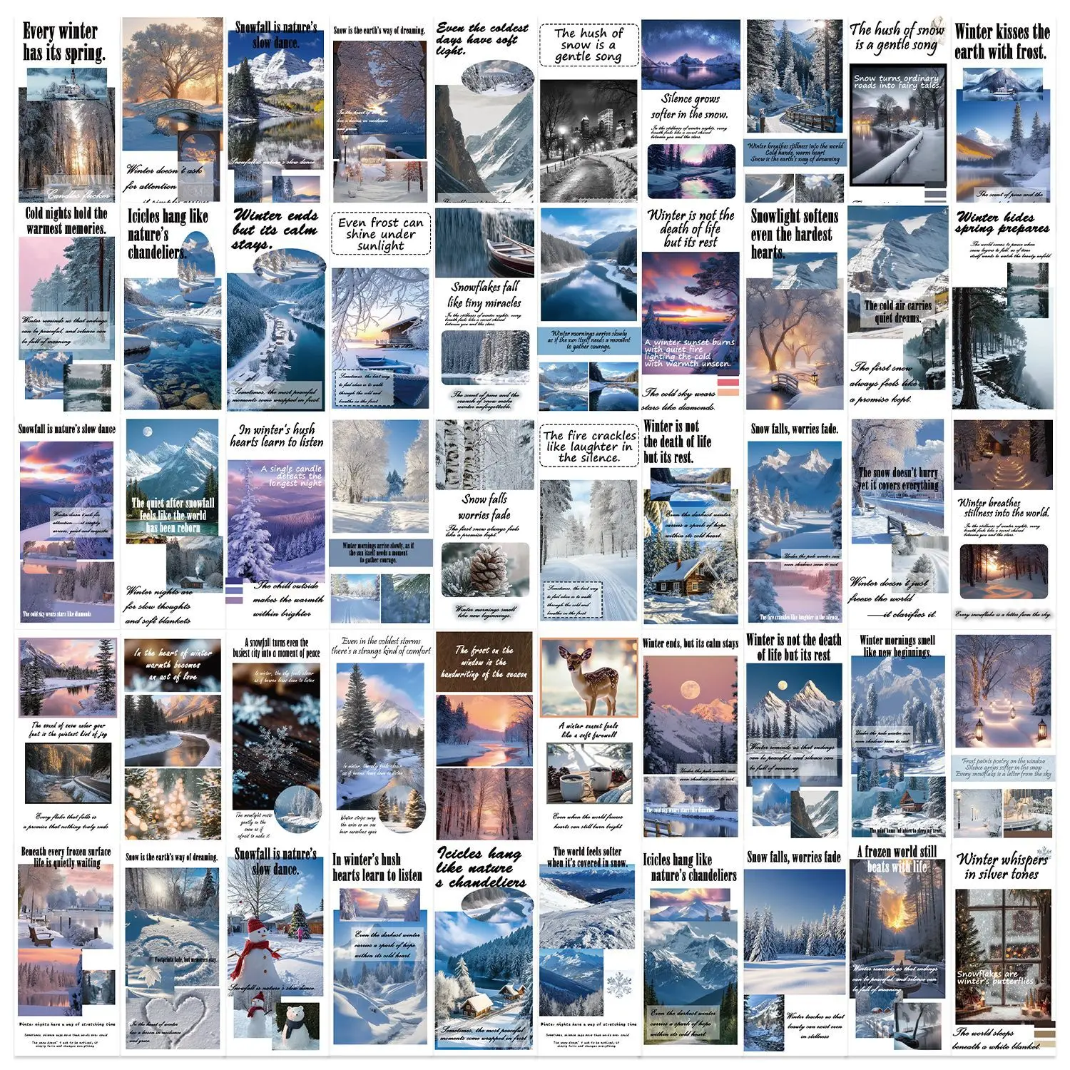 ‌50/100Pcs Winter Text & Pattern PET Stickers Unique Non-repeating Waterproof Decals for Notebooks, Suitcase Skateboard, Bicycle