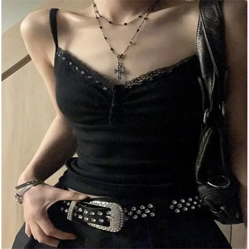 

Patchwork Lace Button Slim Women Tanks Streetwear Grunge Fashion Vintage Solid Crop Top Y2k Aesthetic All Match Camisoles Summer