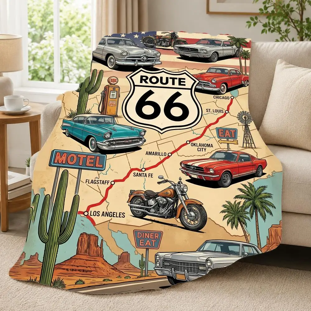 Travel R-Route 66 Throw 240G Lightweight Throw Blanket Soft Cozy Fleece Blanket for Sofa Bed Home Decor