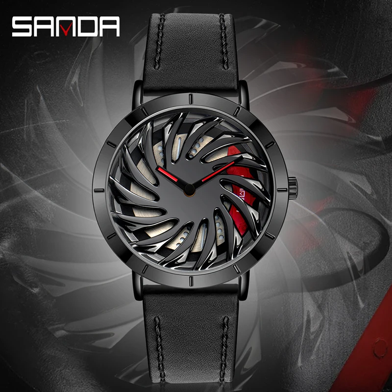 SANDA P1056 Fashion Design Watches Super Car Rim Wheel Waterproof Creative Genuine Leather Strap Men's Watch Relogio Masculino