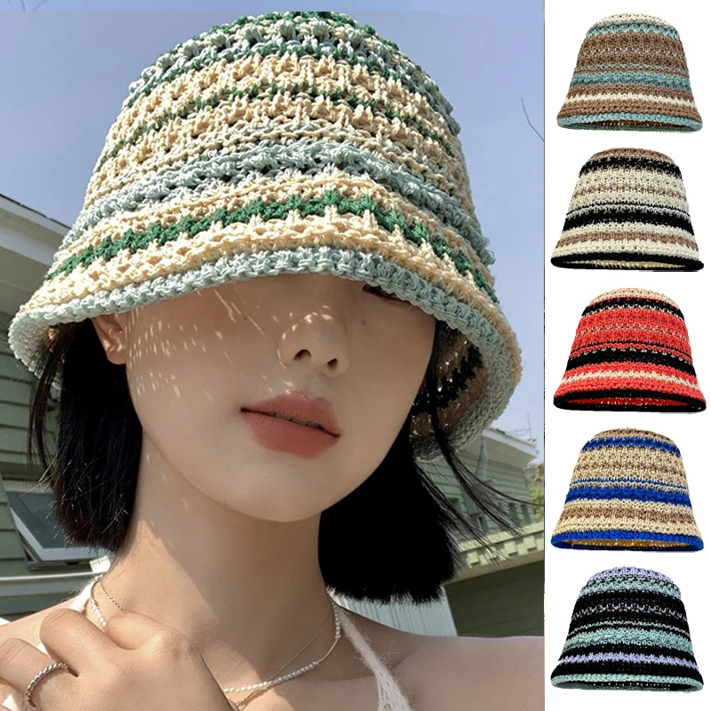 Gorro de punto a rayas para mujer, viseras de sol tejidas coloridas, sombreros de playa para viajes de verano, vacaciones, gorro de lavabo UV calado