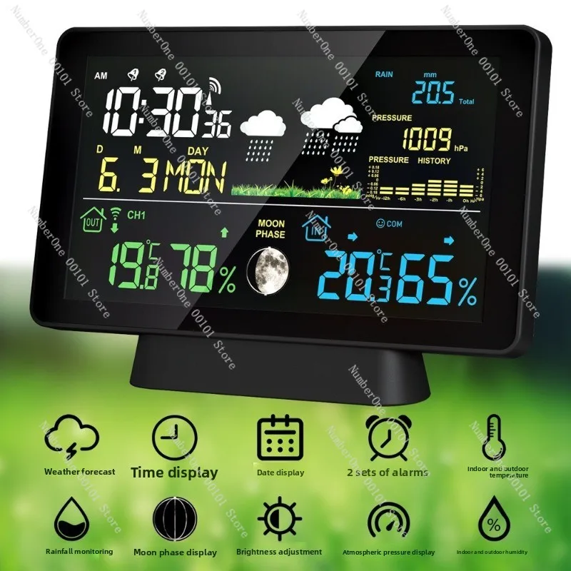 Multifunctional Professional Weather Station Thermometer Hygrometer Rainfall Barometer Moon Phase Forecast Alarm Clock