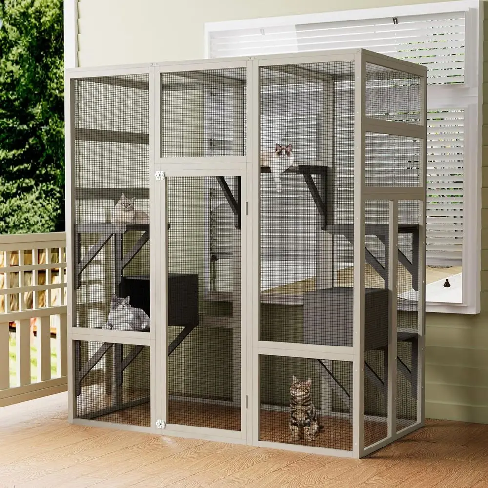 

Sturdy Gray Wooden Outdoor Cat Enclosure with 5 Levels & 2 Perches, Weather-Resistant Playpen Shelter