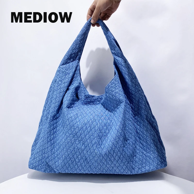 MEDIOW Hobo Denim Cloth Tote Bag For Women Luxury Designer Handbag Purse 2024 New In Large Capacity Embroidered Rhombus Shoulder