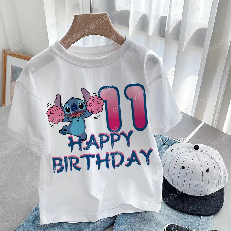 Camiseta de Lilo & Stitch para niños, ropa informal Kawaii con dibujos animados de Anime, número de cumpleaños 1-14, novedad