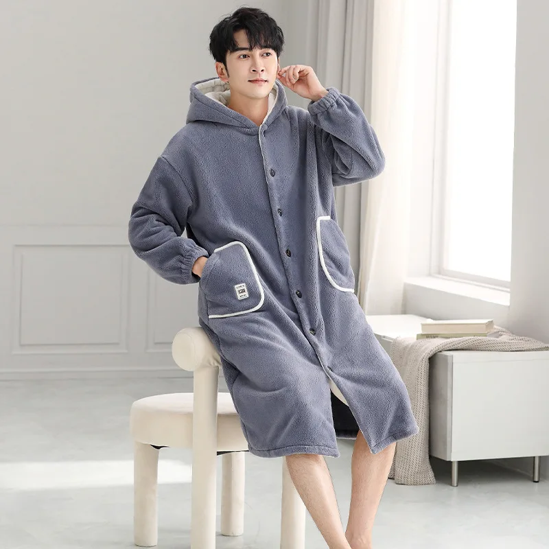 Men Hooded Winter Sleepwear Thicken Flannel Warm Plush Shower Robe Japanese Style Solid Men's Bathrobe Soft Male Night Gown