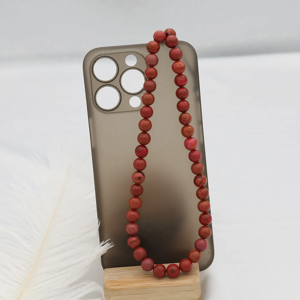 8MM Red Stone Mobile Phone Chains for Women Men Beaded Lanyard Hanging Cord Telephone Strap Anti Lost