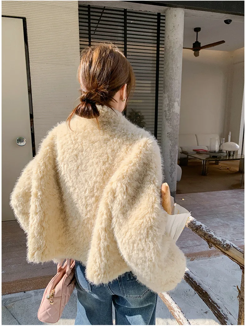 GG Faux Lamb Cute Sweet Coat Women Winter Long Sleeve Pocket Warm Jacket Korean Fashion Elegant Single Breasted Casual Outwear T