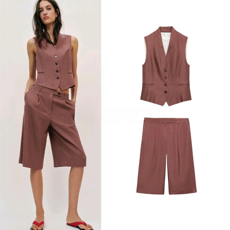 Conjunto de Moda Primavera para Mujer, Chaleco con Cuello en V, Bolsillos Laterales y Abertura Trasera, Pantalones Largos y Cortos Casuales, Sin Marca, Colección 2026
