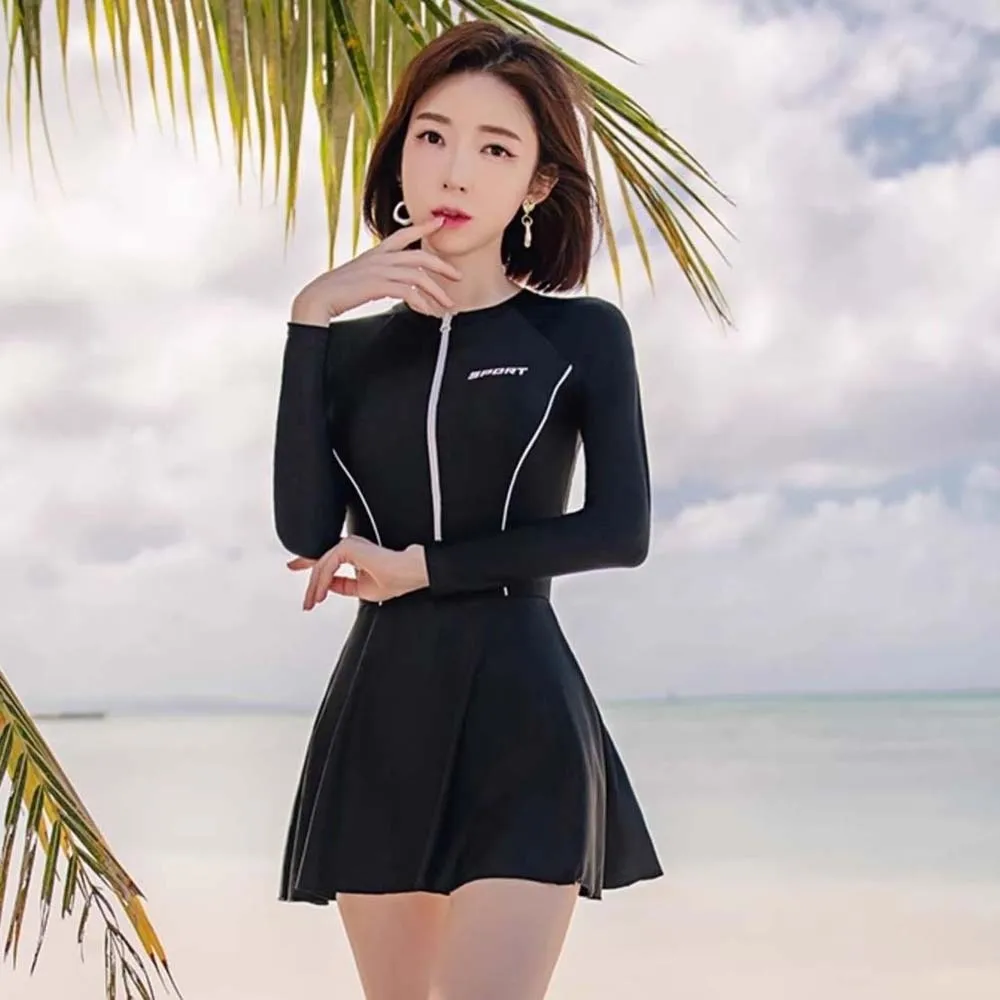 3pcs Fashion Beachwear Long Sleeve Swimsuit Sun Protection Tights Bikini Women Bathing Suit Black Smooth Beach Swim Skirts Pool