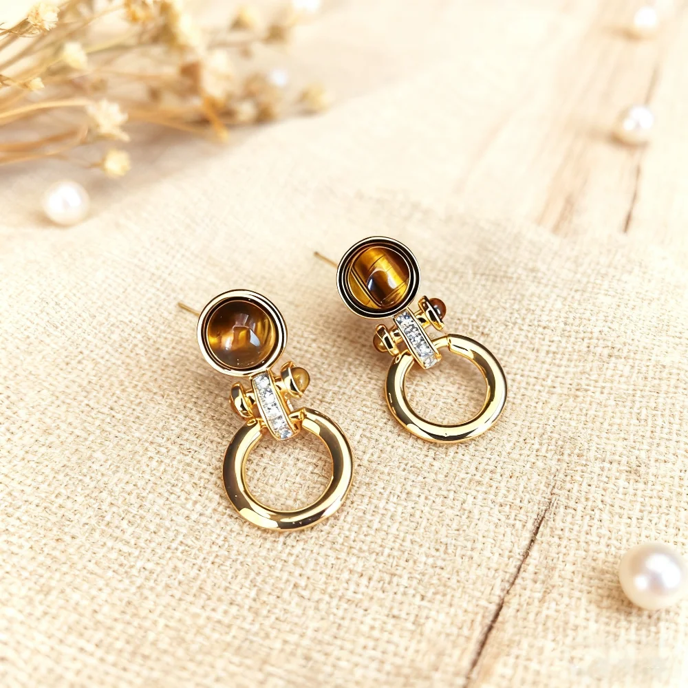 

Vintage Gold Plated Natural Amber Drop Earrings with Crystal Accents Circle Statement Jewelry Gift for Women Party Daily Wear