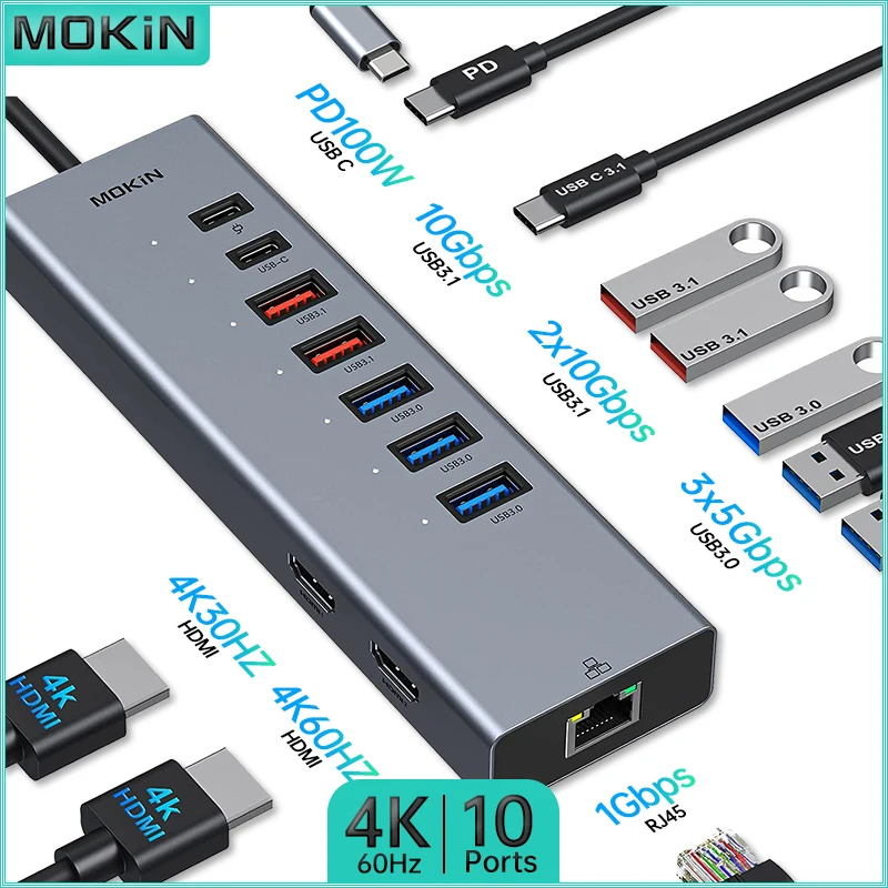 

MOKiN 10 in 1 Docking Station for MacBook Air/Pro, Thunderbolt Laptop. USB3.0, Type-C 3.1, HDMI 4K30Hz, HDMI 4K60Hz, RJ45 1Gbps.