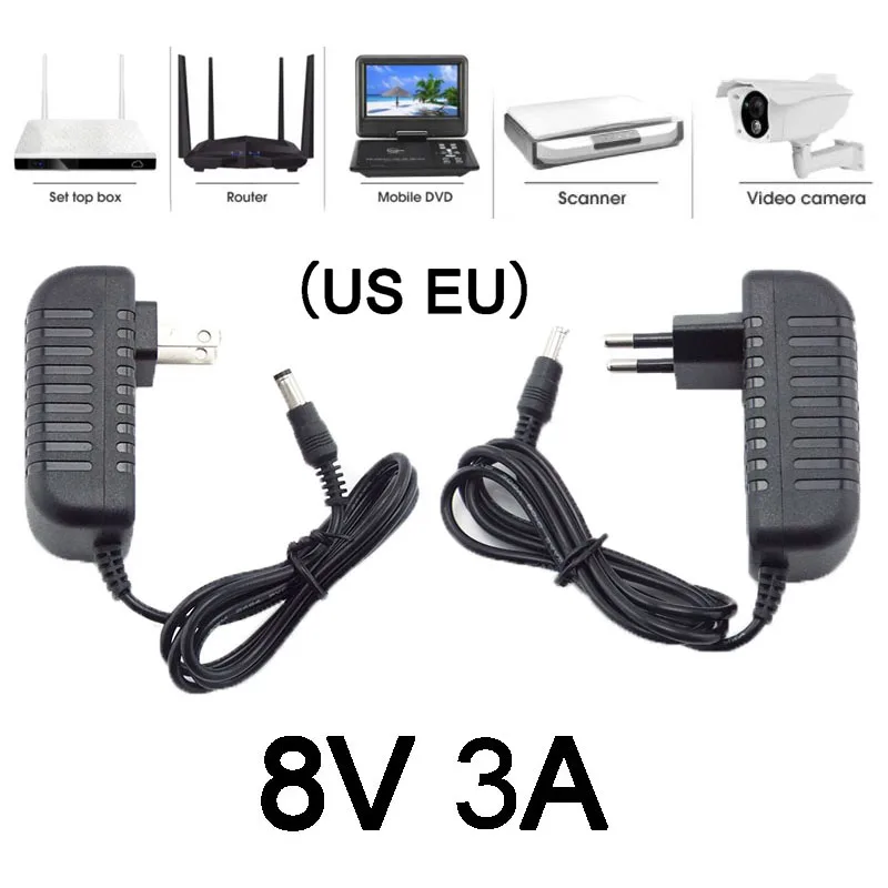 Adaptador de alimentação para carregador de parede, fonte de alimentação, interruptor, AC, DC, 8V, 3A, 110-240V, 5.5x2.5mm