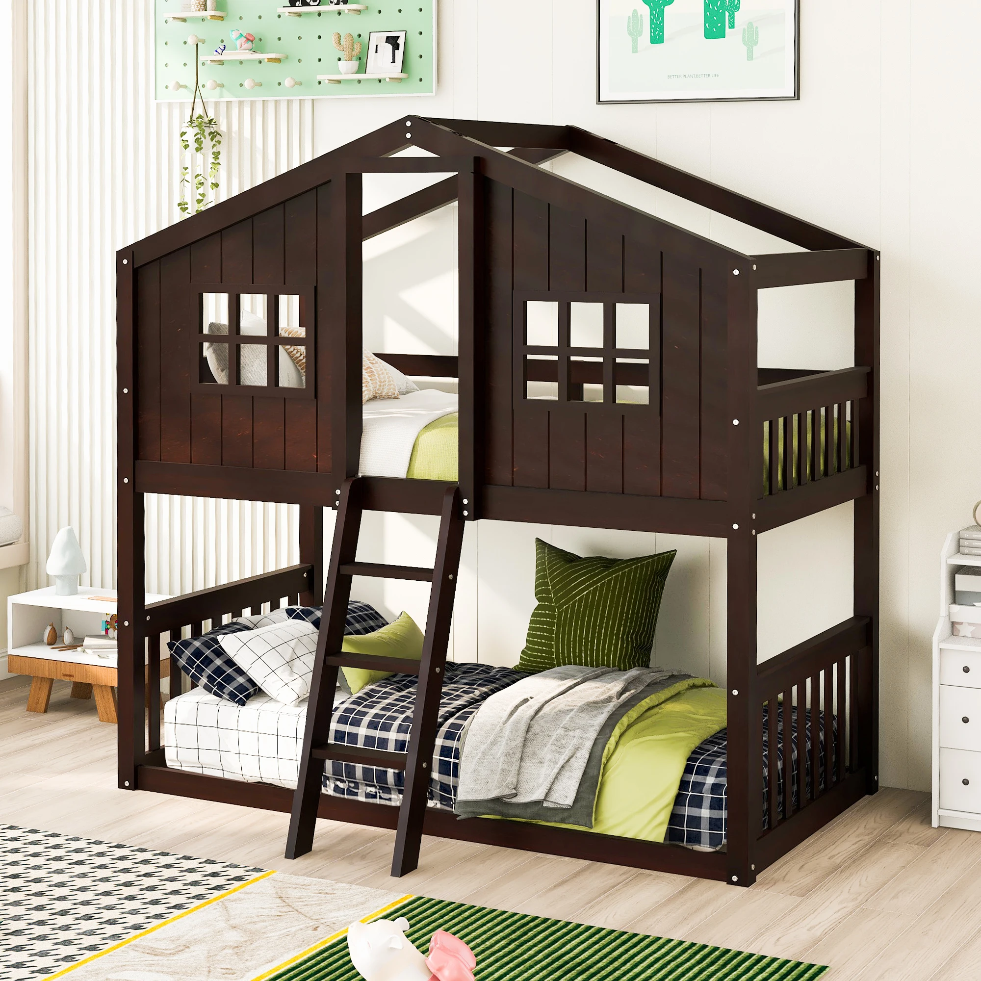 

Espresso Twin Over Twin House Bunk Bed With Ladder - Solid Wood Bed Perfect for Siblings Sharing Room