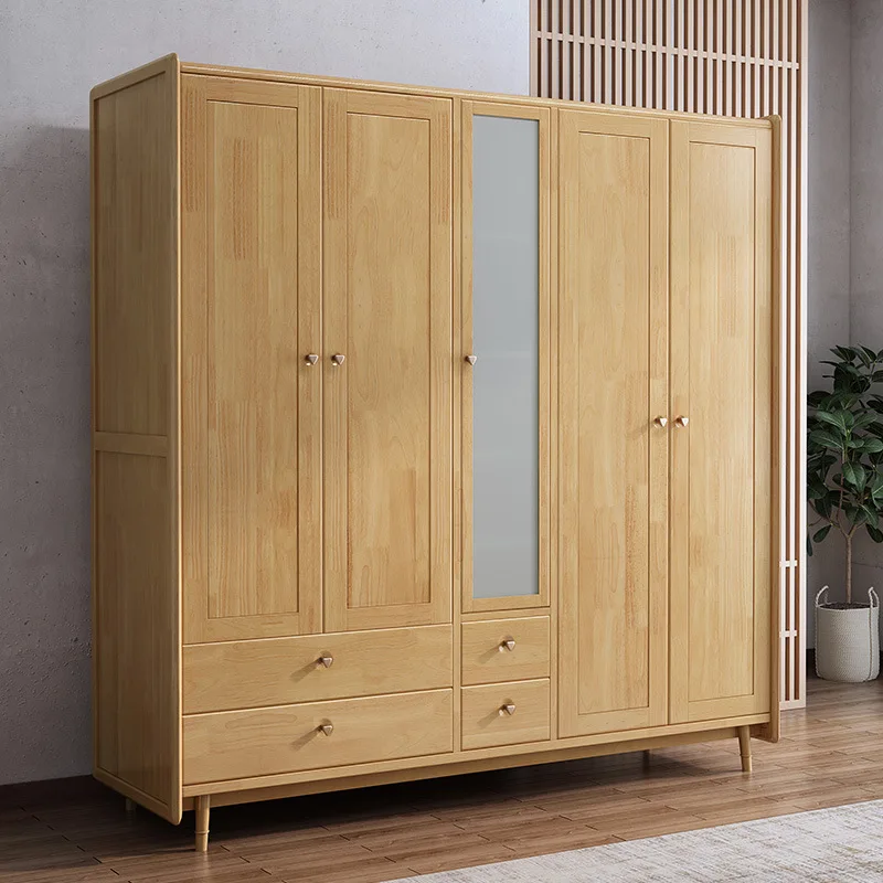 Nordic style five-door solid wood wardrobe log design modern simple Japanese style with glass opening and closing doors storage