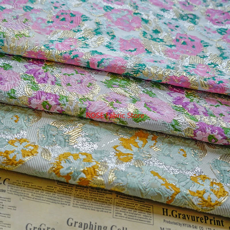 1 metro retrò seta dorata fiori grandi tessuto tinto in filo classico jacquard da donna elegante abito rigido che realizza tessuto 50 cm x 150 cm