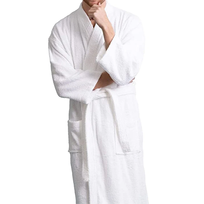 Absorb Water Men's Bathrobe Solid Long Sleeve Pockets Kimono With Sashes Terry Cotton Luxury Dressing Gown For Man 2024