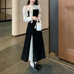 Stylish Scarf Collar Bow Midi Dress Women's Clothing Drawstring Spring Autumn Lace Patchwork Basic Elegant A-Line Waist Dresses