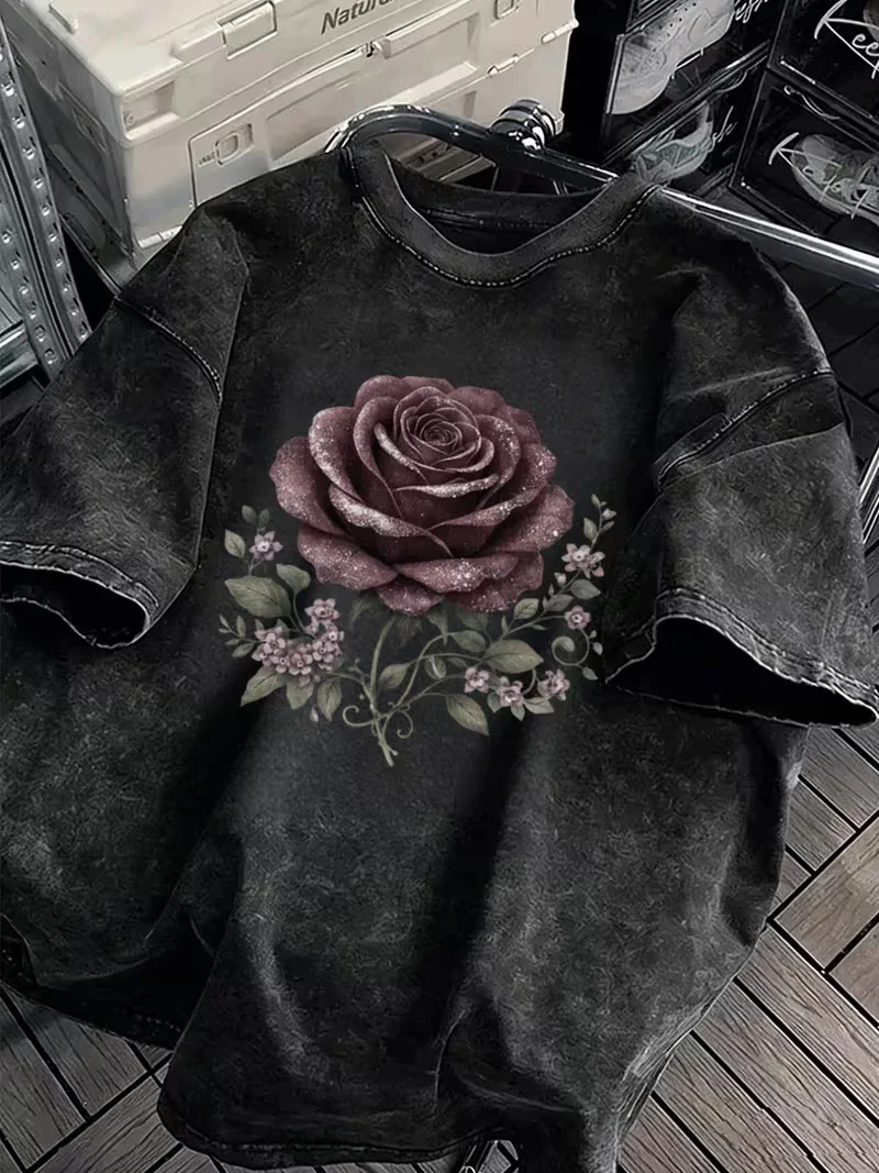 Skull Love Rose Gothic Graphic Print T Shirt Washed Casual Loose Streetwear Daily Wear Short Sleeve Dark Style Top for Women
