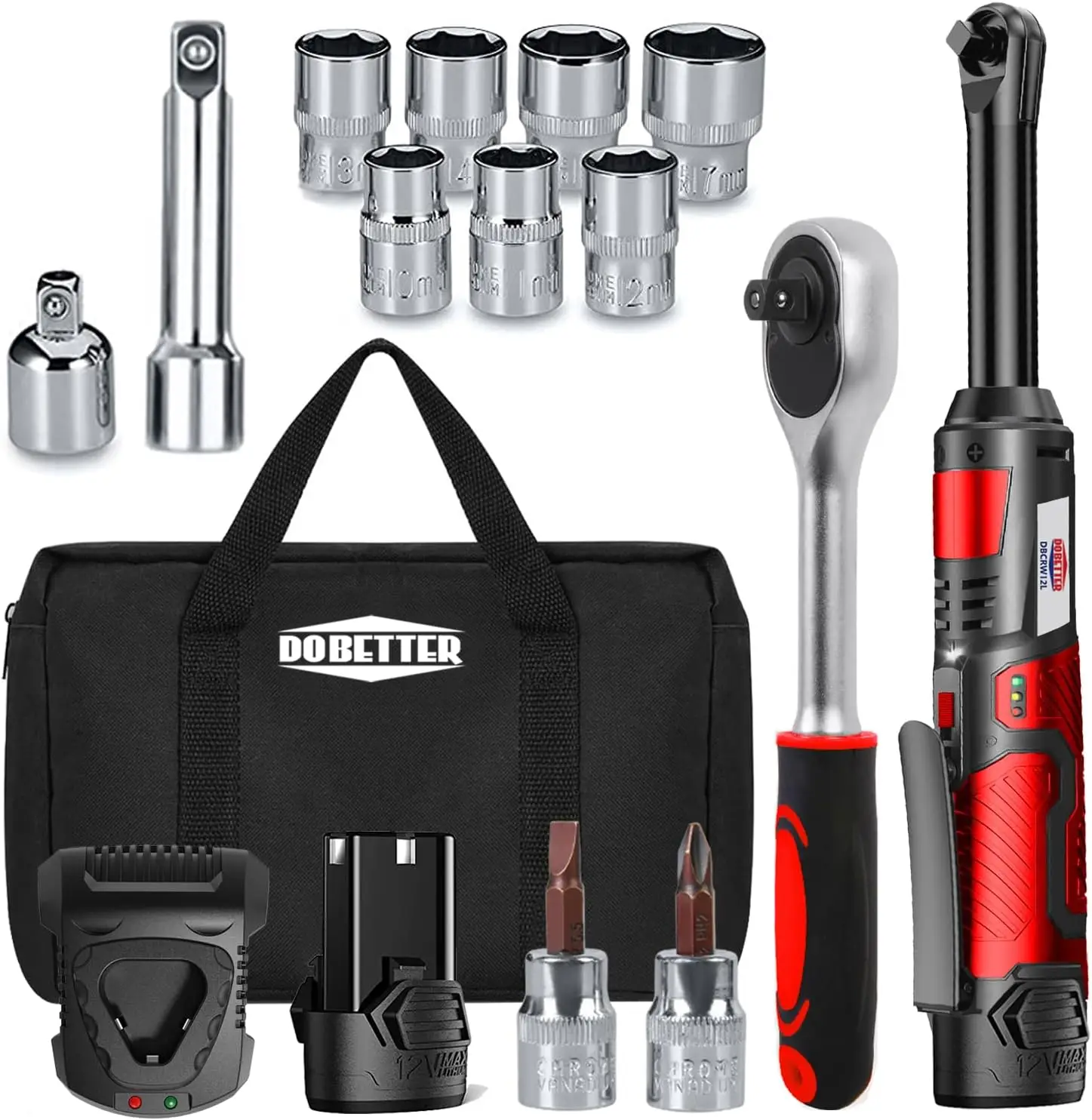 

Electric Ratchet Wrench 3/8 Cordless Ratchet Wrench Set, Extended 55 N·m Battery Powered Ratchet Tool with 1 Hand Tool,7 Sockets