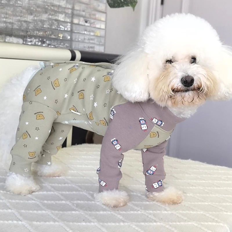 

Spring Autumn Pure Cotton Puppy Rompers Clothing Retro Gray Green Print Wrap Belly Jumpsuits For Small Medium Dog Pet Clothes