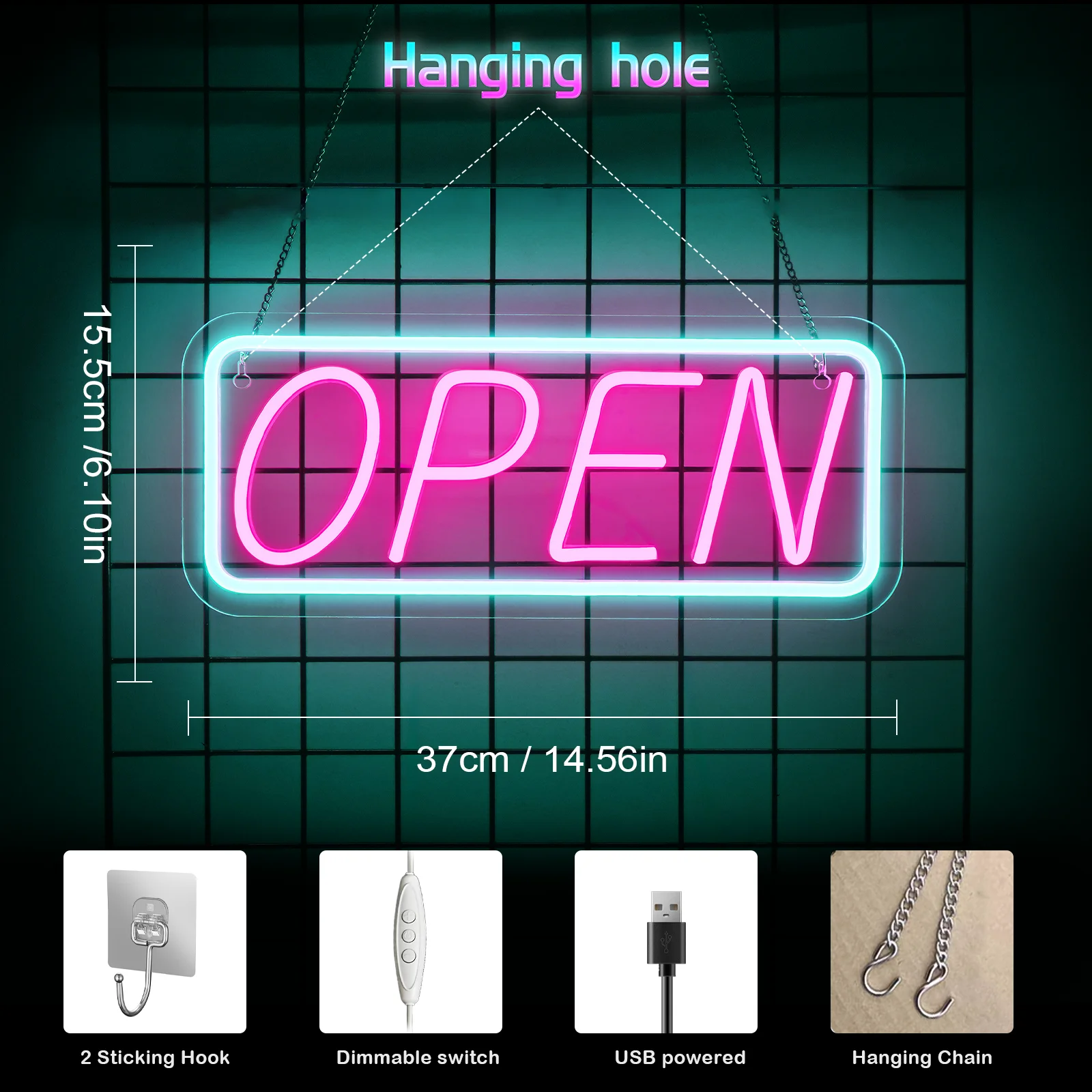 Open Neon Sign USB Dimmable Light Up Open Sign Wall Hanging Decor for Window Bar Salon Coffee Stores Club Hotel Decor