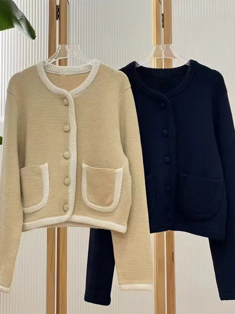 

Wool Blends Women Contrast Color Trimming Knit Cardigan Top O-Neck Simple Single Breasted Lady Sweater Coat Fall Winter 2024