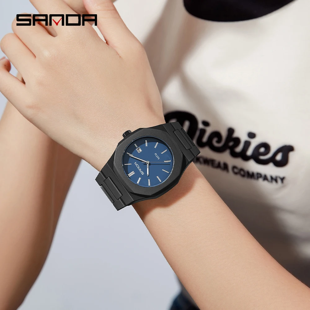Jam tangan quartz SANDA 9091 terbaru yang modis untuk pria dan wanita, tahan air 5ATM dengan dial segi delapan yang sederhana, jam tangan matte frosted untuk pelajar