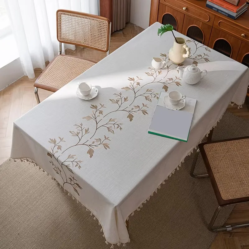 Embroidered Cotton Linen Table Cover, Rectangular Waterproof Decor for Dining & Tea Table