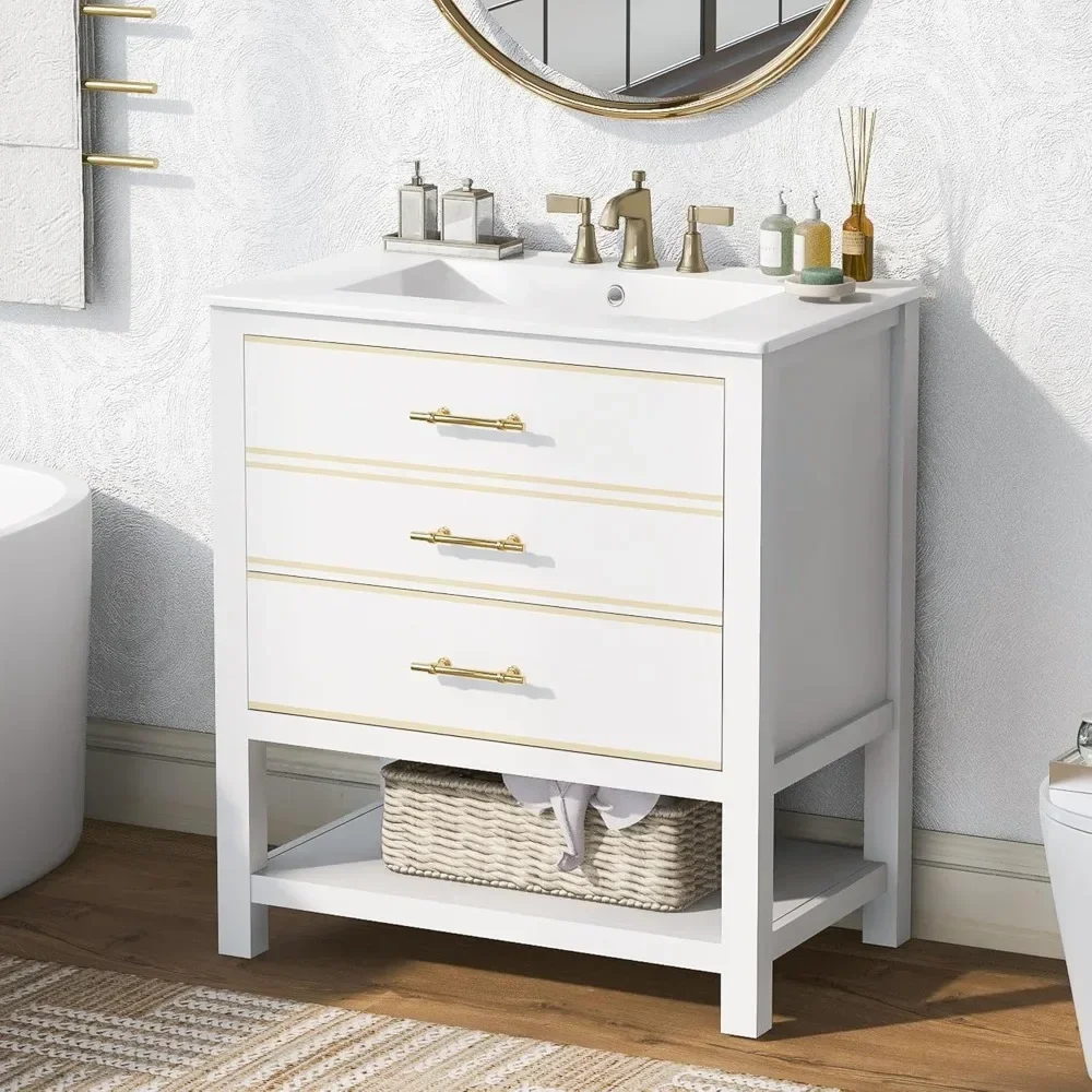 30 Inch Bathroom Vanity, Sink Combination Set, Ceramic Sink Under The Table, Multifunctional Storage Cabinet, White