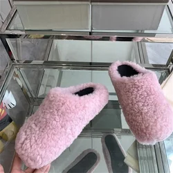 Pantofole in vera pelle di pelliccia donna di lusso piatto tinta unita punta tonda scarpe con punta coperta donna Designer marca per il tempo libero morbido più caldo