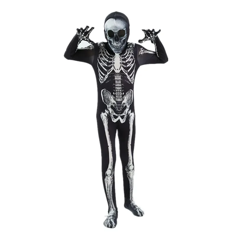 Dziecko szkielet Horror kostium z kapturem męskie ciemne upiorne rajstopy szkieletowe Halloween do odgrywania ról karnawałowy kostium wydajności