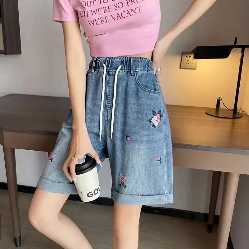 

Elastic high-waisted denim shorts women's thin embroidered crotch-covered straight loose five-point A-pants in summer of 2024