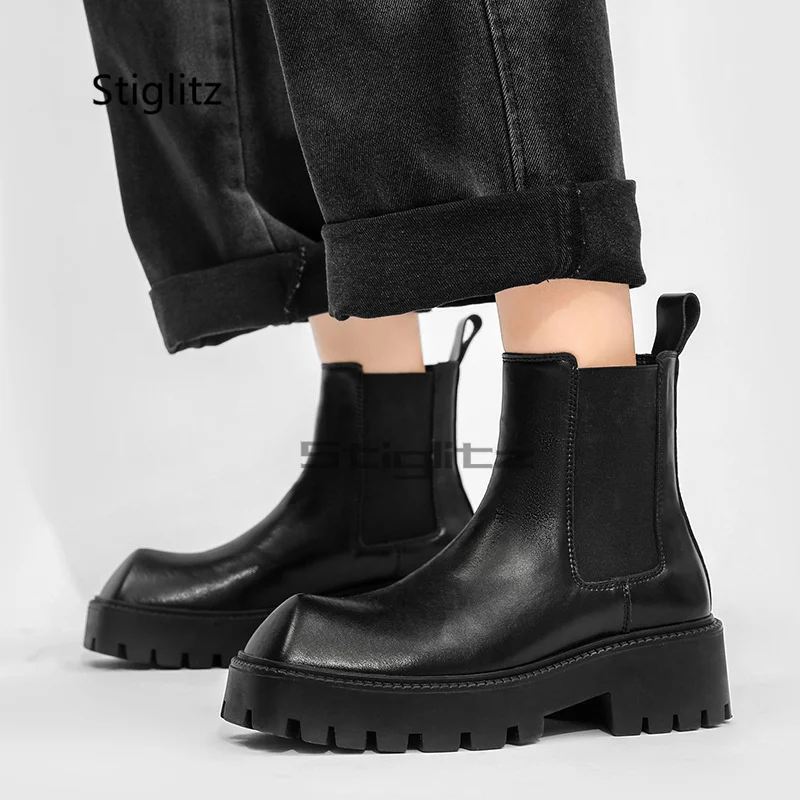 Rhinoceros Horn Ankle Boots for Men Slip On Stretch Boots Autumn Casual Thick-Soled Leather Chelsea Boots All-Match Male Shoes