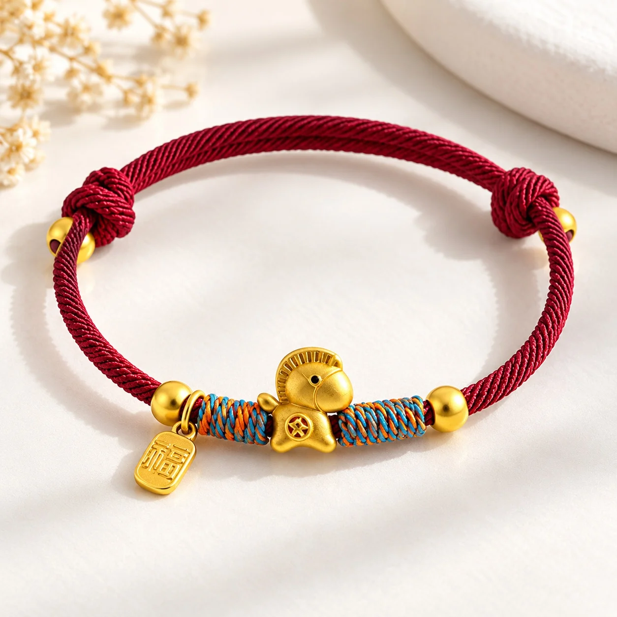 Handwoven Bracelet Color-blocked Thread Cord Silver Tone Red Black Horse Charm Horse Motif Unisex Dragon Boat Festival