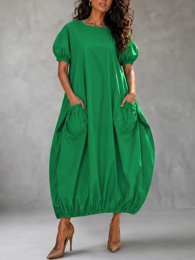 Yeezzi Women's Solid Green Round Neck Midi Dresses 2026 Puff Sleeves Pockets Elastic Hem Oversized Casual Vacation Long Dress
