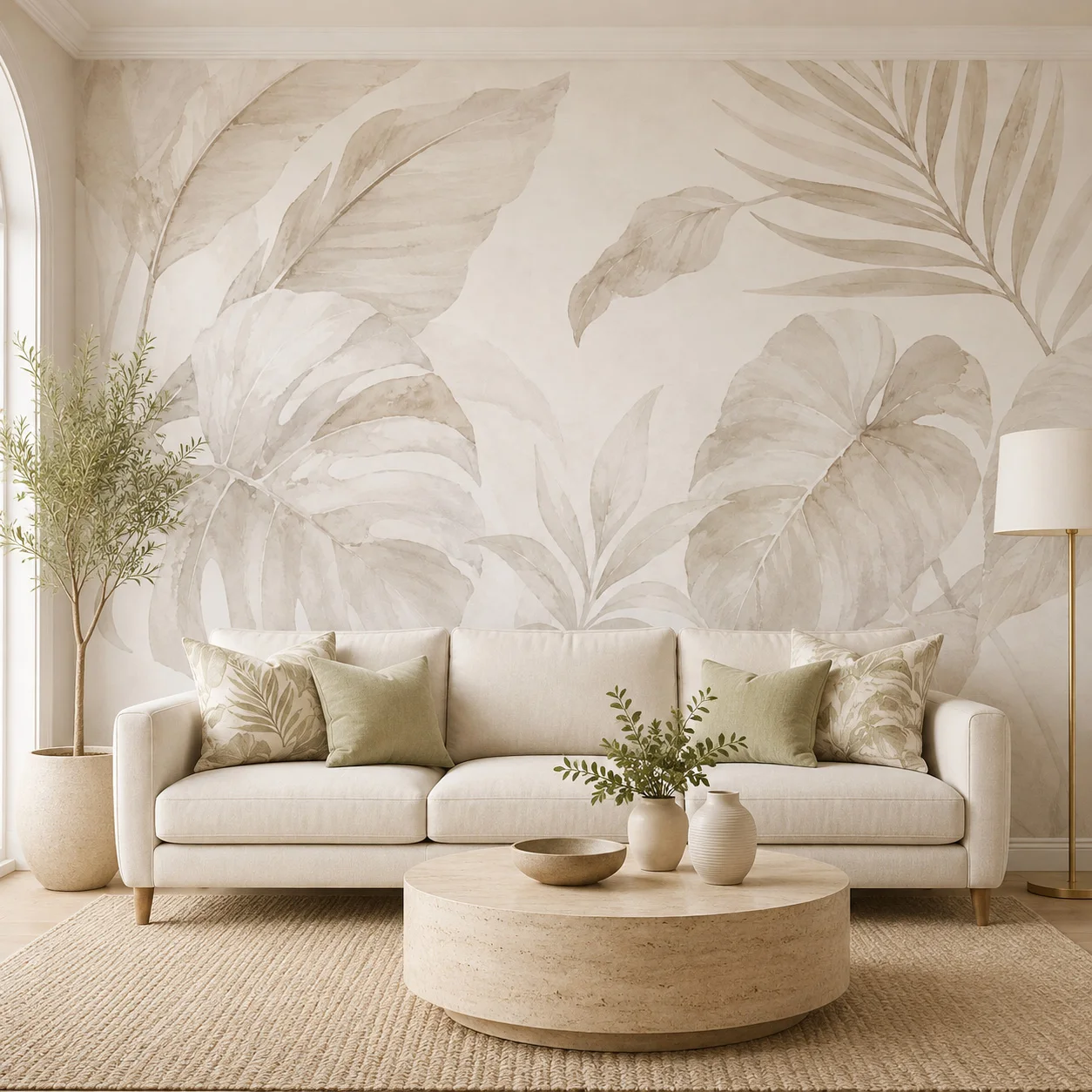 Neutral Beige Tropical Leaf Self Adhesive Wallpaper Botanical Wall Mural Peel and Stick Living Room Bedroom Home Decor Art Style