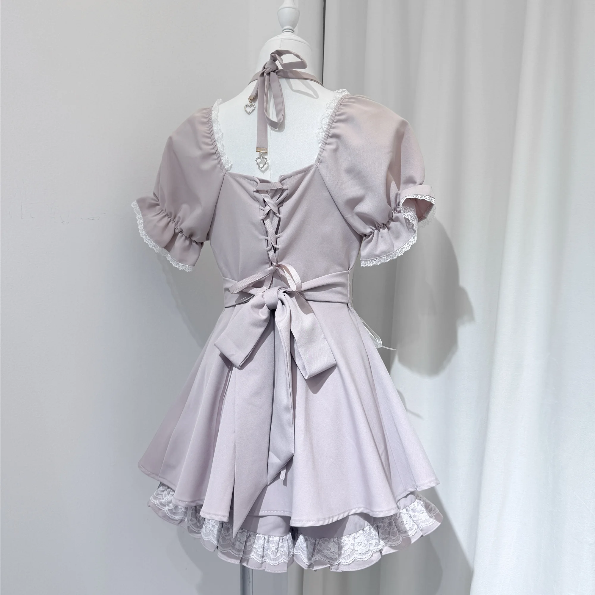 和風ミネロリータ半袖ワンピース＆ショートパンツ2点セット 2025年新作 女の子 女性向け 可愛いキュートな蝶結びホルターネックワンピースセット