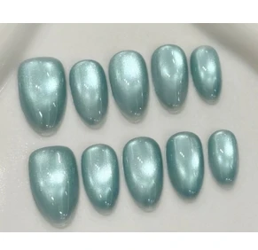 

10pcs Almond-shaped Handmade Nails with Flashy Green Cat's Eye Color Press-on Reusable Nail Tips Suitable for Girls To Use