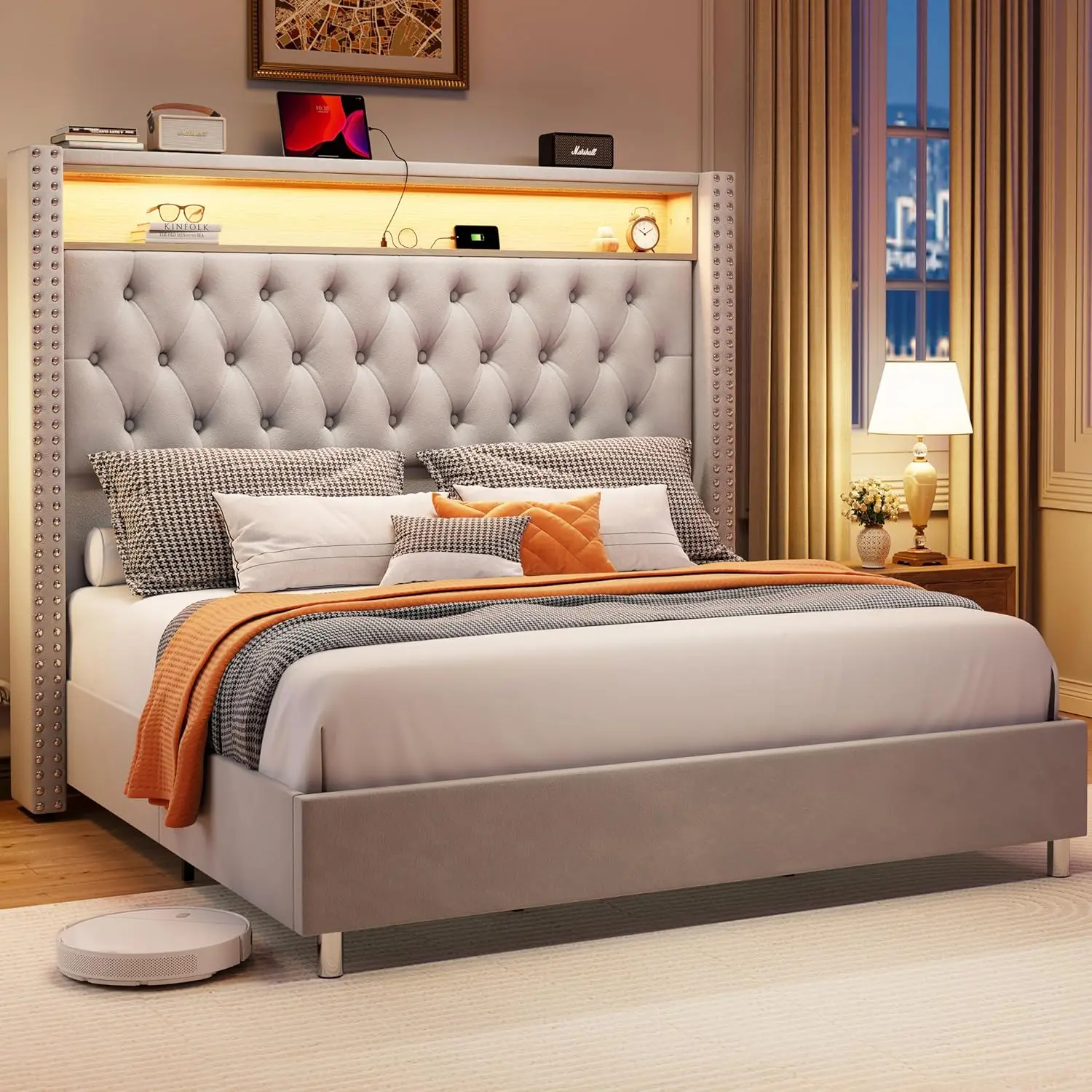 Jocisland Bed Frame LED Lights Charging Station Velvet Tall Upholstered Platform Wingback Headboard No Box Spring Grey King