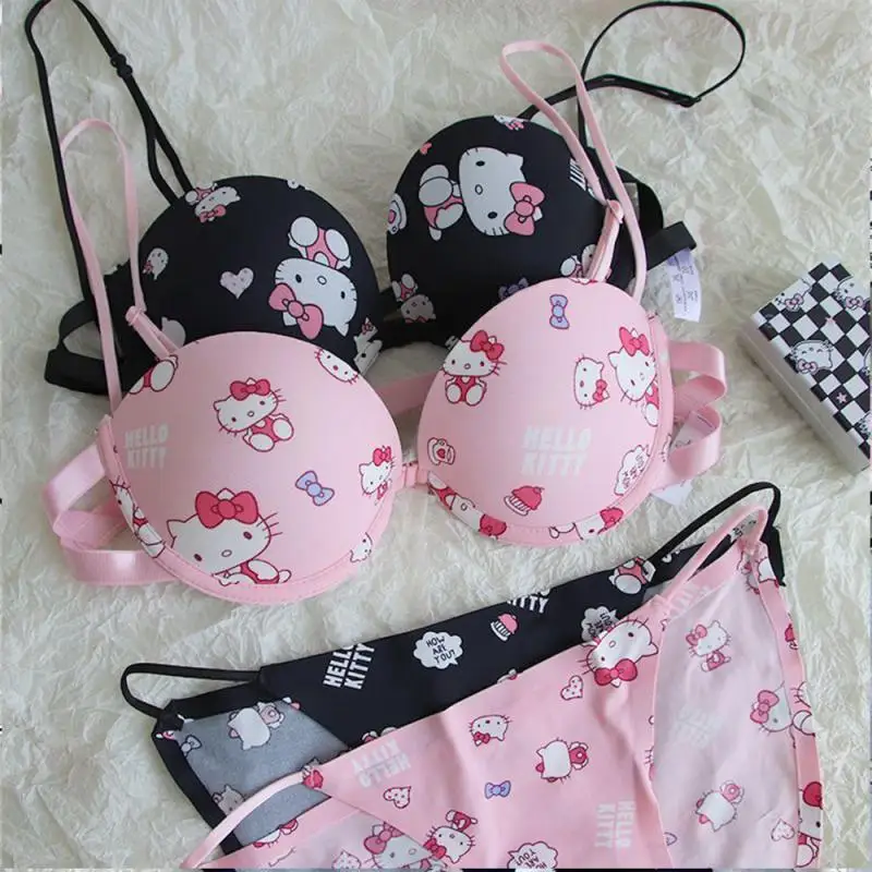 Kawaii Sanrioed Bra Set Hello Kitty Underwear Panties Bra Set Push-Up Bra Comic Underwear Sexy Pure Desire Bra Sweet Girl Gift