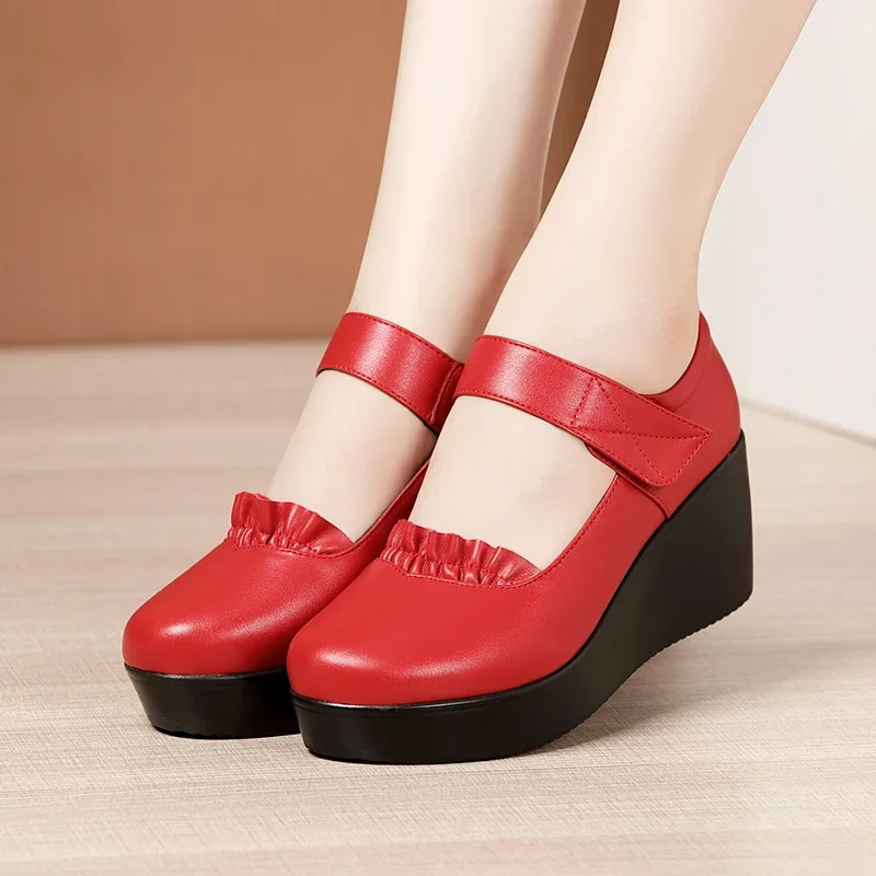 TIMETANG 6cm medium heel platform shoes for women platform round head red big size 32 to 43 woman shoes high heels