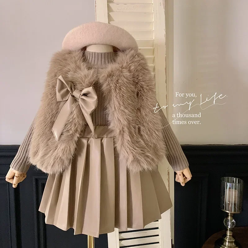 

Girls Clothes Set Autumn Winter Children Fashion Woolen Sweater Coat Knitted Tops + Velvet Pleated Leather Skirt Fashion