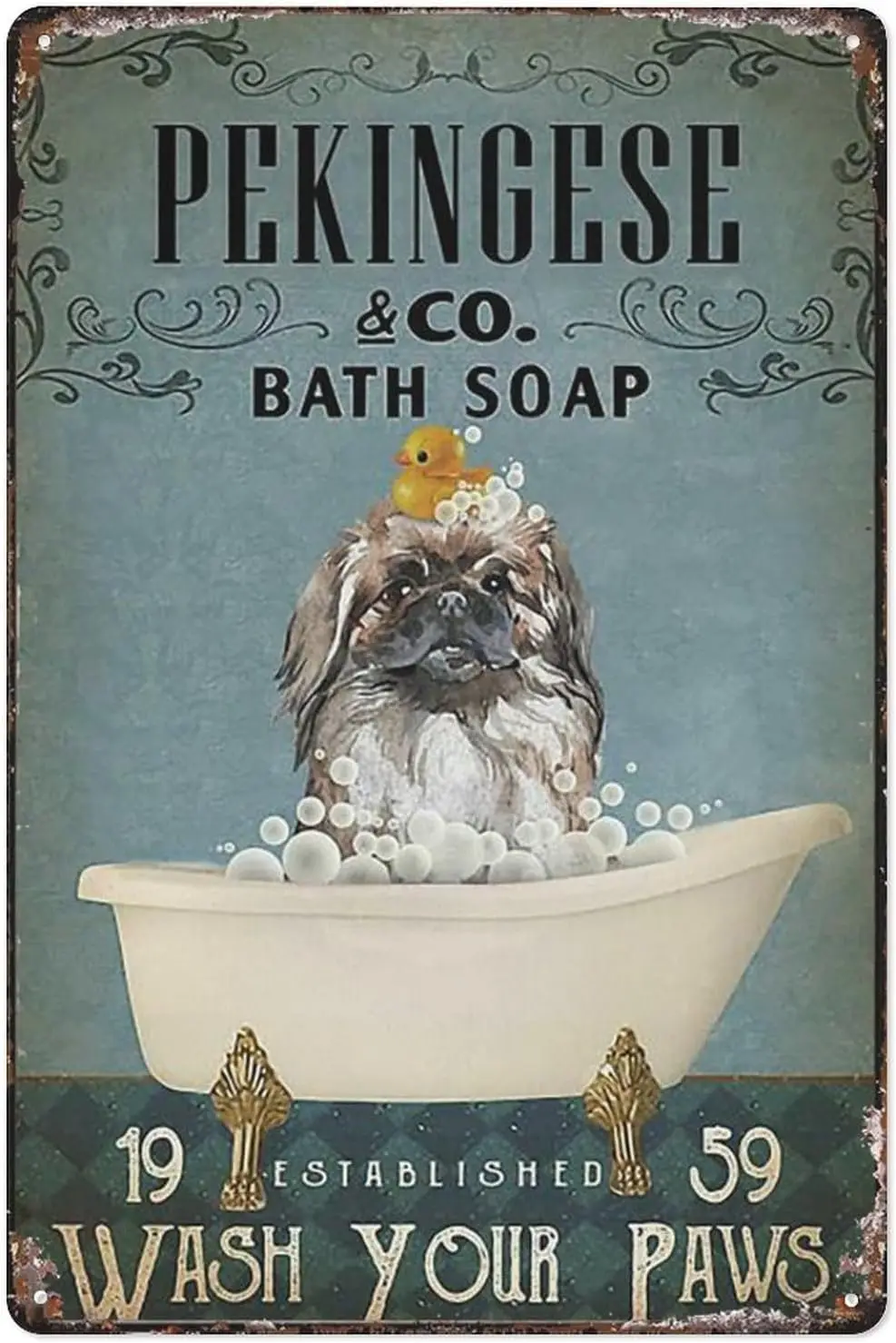 Vintage Tin Sign Pekingese Bath Soap Wash Your Paws Poster Bathroom Wall Decoration Cave Bar Kitchen Home