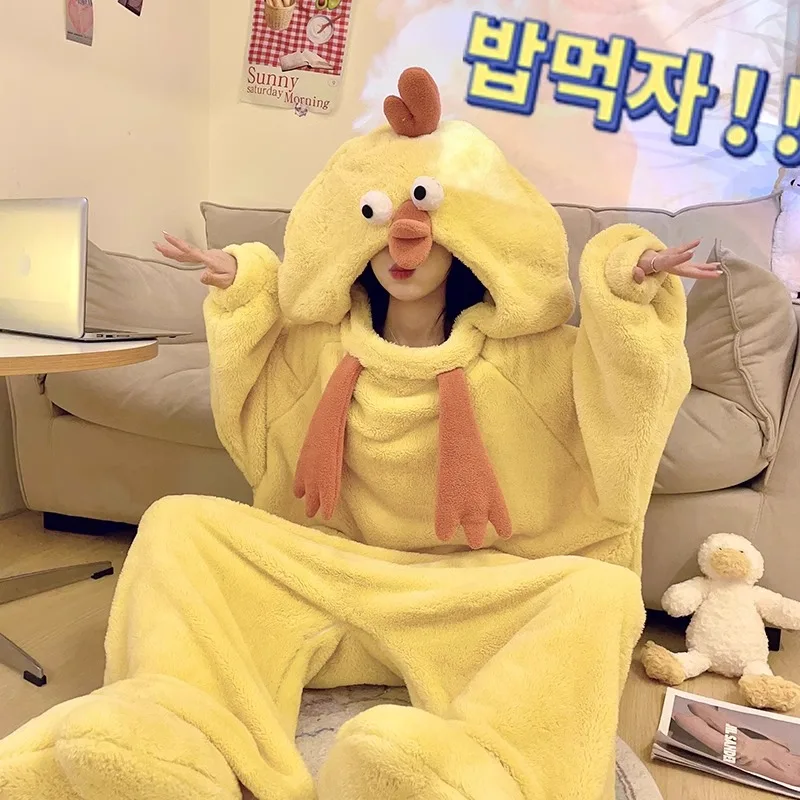 Little Yellow Chicken Coral Velvet Couple Pajamas One-piece Robe Warm Flannel Funny Pajamas Women Winter Home Wear