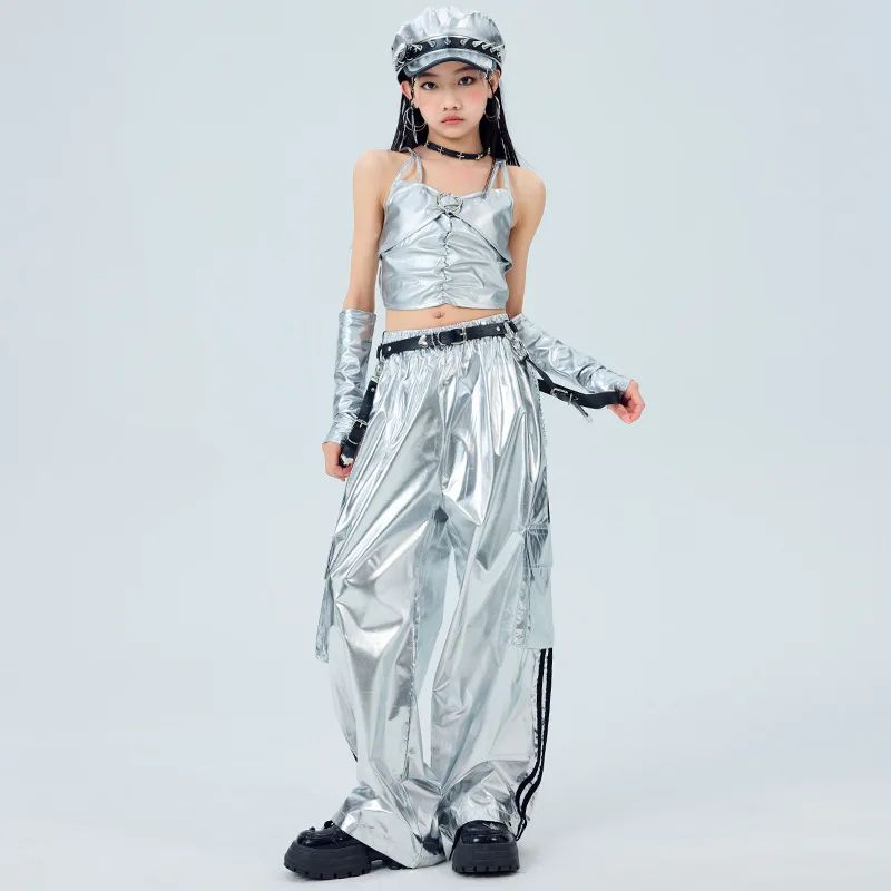 Girls K-pop Laser Crop Top Girdle Silver Cargo Pants Street Dance Kids Hip Hop Shiny Streetwear Child Jazz Costumes Clothes Sets