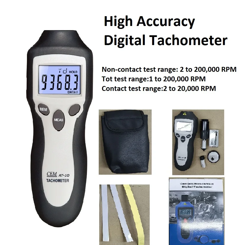 CEM AT-10 2 in 1 Contact/Non-contact Digital Tachometer with standard accessories