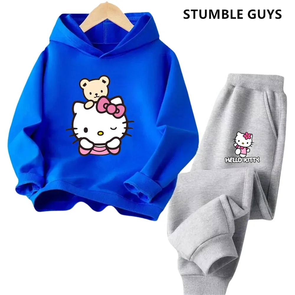 Hello Kitty Boys Girls Hoodie Trousers Set Children\'s Trucksuit Sweatshirt + Sweatpants Two-piece Fashion Set 3-14T Kids Suit